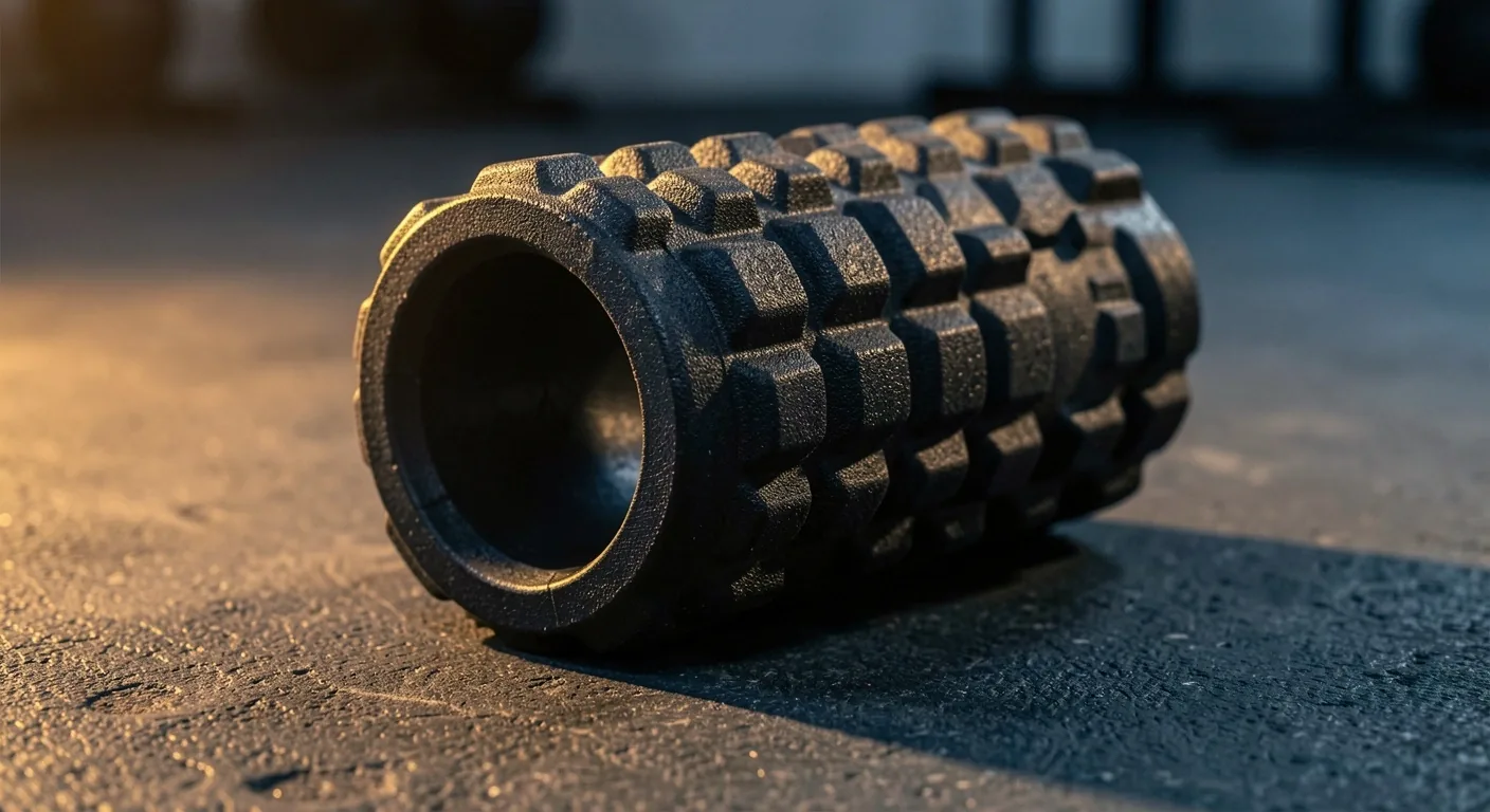 Textured foam roller on dark gym floor