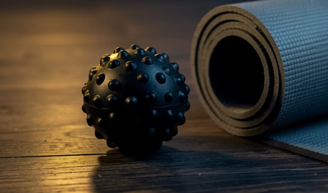 Peanut massage ball beside a yoga mat